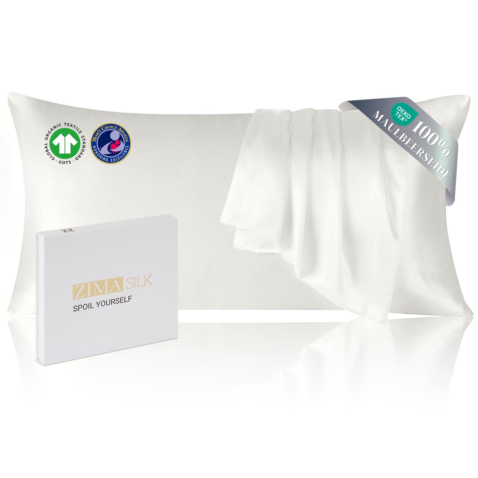ZIMASILK Funda de Almohada de Seda 40x80 cm | 100% Seda de Morera Pura 22 Momme | Certificado Oeko-Tex® | Seda de Grado más Alto 6A, Suave en Ambos Lados para Piel y Cabello | 1 Pieza, Blanco