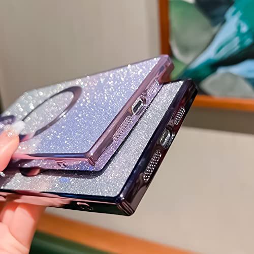 Image of for Square iPhone 12 Pro Max Case Glitter Magnetic Work with MagSafe Full Camera Lens Protection Luxury Plating Cute Bling Clear Shockproof Slim Phone Case for Women Girls (Light Purple)