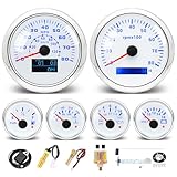 MH 6 AUTO Boat Gauge Set - 3-3/8' 80MPH & 120KM GPS Speedometer, Tachometer, 2-1/16' Oil Pressure Gauge, Fuel Level, Water Temperature, Voltmeter Alarm Marine Meter Kit with Sensor(White)