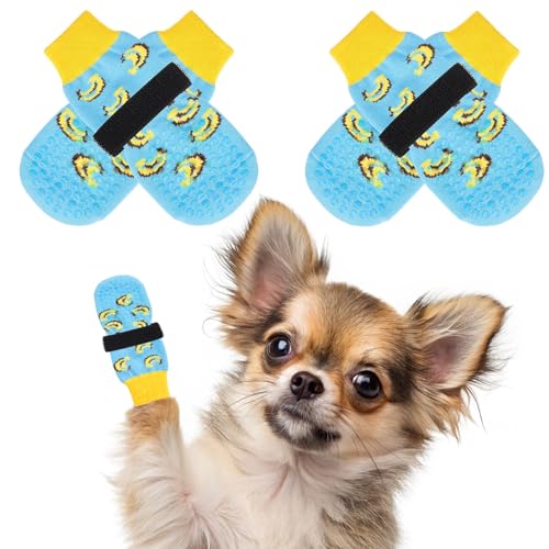 BINGPET 犬 靴下 ペット用靴下 滑り止め 4個セット 肉球保護 犬用靴下 防滑ソックス 柔らかい 脱げない かわいい 転倒防止 室内履き 通気性 老犬 介護サポート 足舐め防止 かわいい おしゃれ 小型犬 中型犬 大型犬 犬靴下 (バナナ,XS)