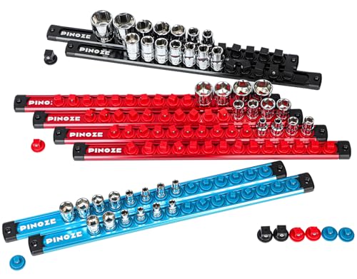 Image of PINOZE 8PCS Magnetic Socket Holder Organizer Set - 1 /4, 3 /8, 1 /2 - Aluminum Alloy Socket Rail Trays for Tool Box Drawer, Socket Rack Kit with 114Pcs Clips for Automotive Garage(Blue Red Black)