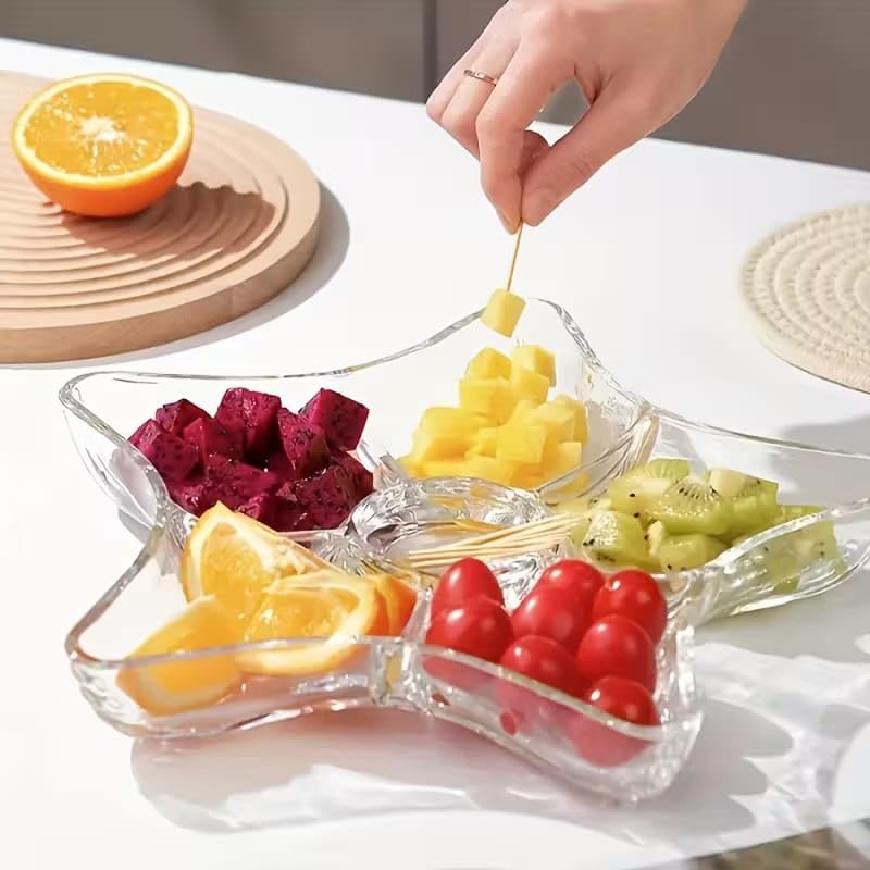 Image of PrimeWorld Star-Shaped Glass Serving Platter Set - 2 Pc | Multi-Compartment Snack & Candy Tray for Living Room Coffee Table | Ideal for Nuts, Fruits, Dry Snacks, Appetizers & Desserts