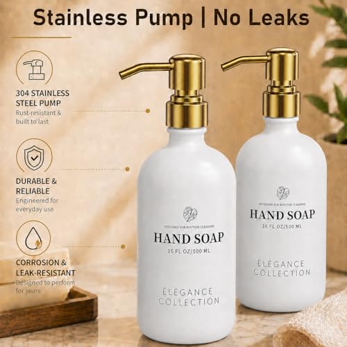 Image of Fachixy White Glass Soap Dispenser (2 Pack), 16 Fl Oz Hand & Dish Soap Dispenser Bottles Set with Leak-Resistant Stainless Steel Pump, Non-Slip Pad, 14 Waterproof Labels for Kitchen and Bathroom
