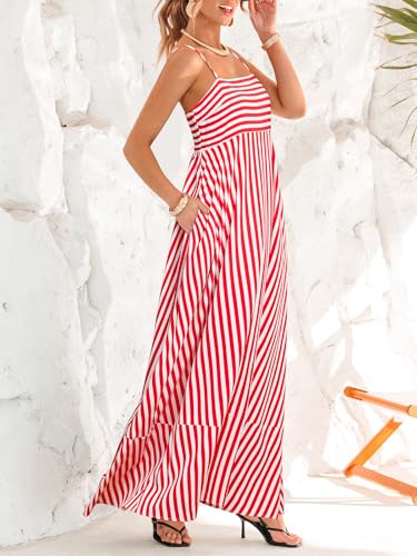 Image of CUPSHE Womens Summer Maxi Dress Casual Sleeveless Square Neck Striped Beach Long Dress with Pockets