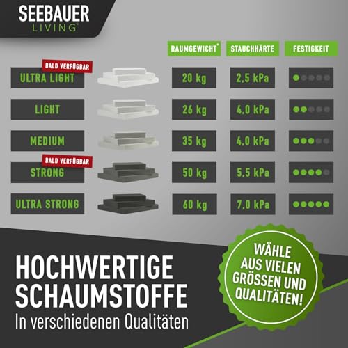 SEEBAUER living Schaumstoff Ultra Strong RG 60/70 (Sehr fest) 30 x 30 x 2 cm Schaumstoffplatte für Polster und Sitzkissen, Polsterschaumstoff als Zuschnitt für Sitzpolster