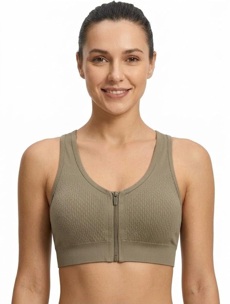 Women's Front Zip Sports Bra, Seamless Textured Workout Bra-image-21