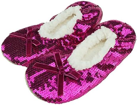 Zegee! Ballerina Bling Metallic Shine Frenulum Butterfly Knot Womens Cozy Sequin Slippers (L 9-10, Magenta)