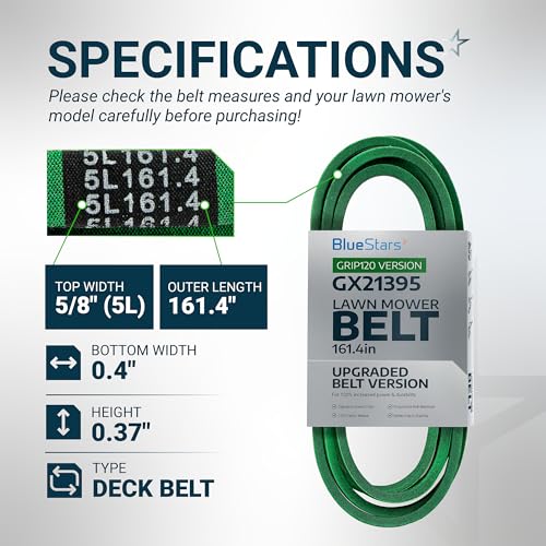 Image of [Upgraded Grip120] BlueStars GX21395 Mower Deck Belt 161.4 inch x 5 /8 inch | Deck Belt - for John Deere 54 inch Deck E180 D170 LA150 LA175 G110 S180 190C LA150 Lawn Tractors - Aramid Cord Mower Belt
