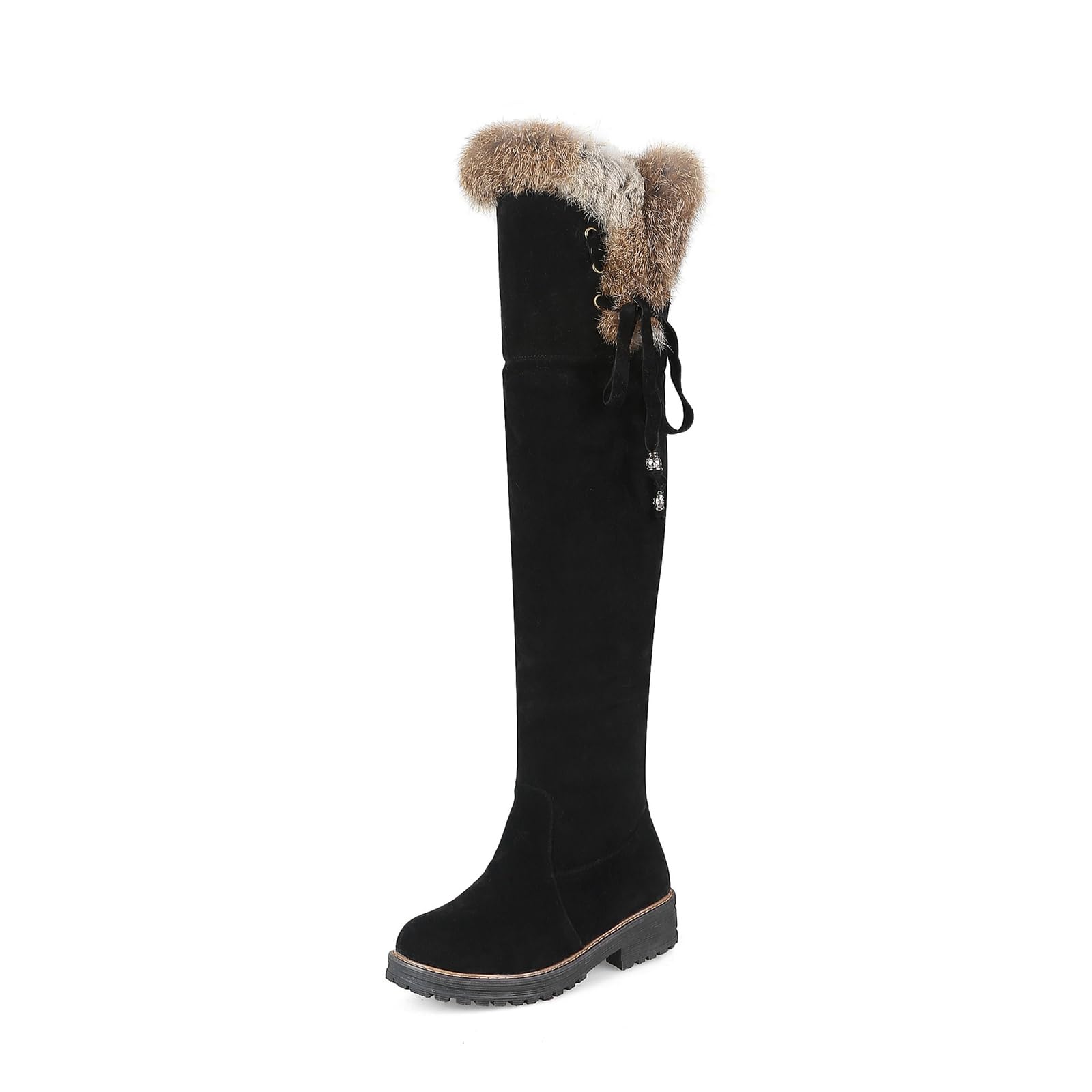 Womens Winter Over The Knee Boots Faux Suede Fur Lined Thigh High Low Heel Boots Warm Fur Riding