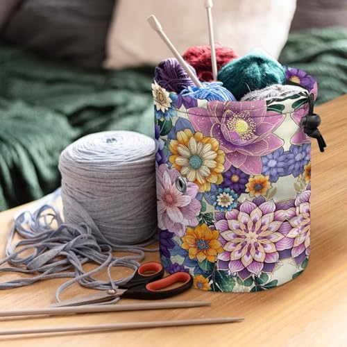 Image of Sellikakes Crochet Organizer Yarn Holder, Bohemian Flowers Portable Knitting Bag Crochet Storage Bag Store Crocheting Supplies Needles Skein Balls Sewing Accessories