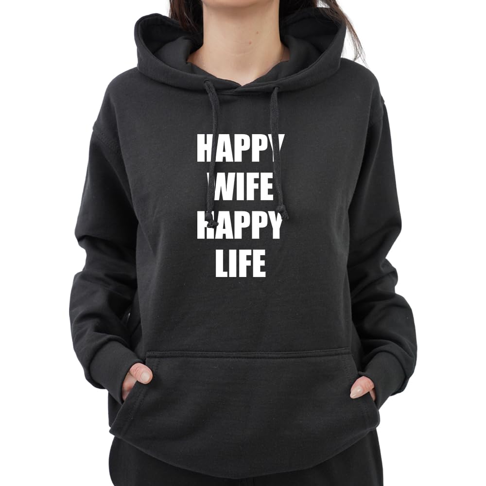 Graphic Impact Unisex Black Funny Happy Wife Happy Life Couple Lovers Novelty Tumblr Hoodie (Medium, )