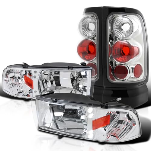 Spec-D Tuning LED Head Lights + Chrome/Clear Tail Brake Lamps Compatible with 1994-2001 Dodge Ram 1500/2500/3500 Left + Right Pair