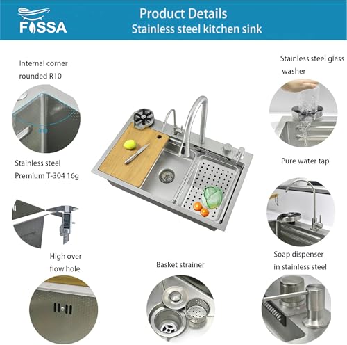 Image of Fossa 30x18x9 Inch Waterfall Kitchen Sink, Single Bowl Premium Stainless Steel Sink with 2.6 mm Collar & 0.9 mm Bowl, Pull-Out Faucet, RO Tap, Cup Washer, Soap Dispenser, Silver Honeycomb Finish