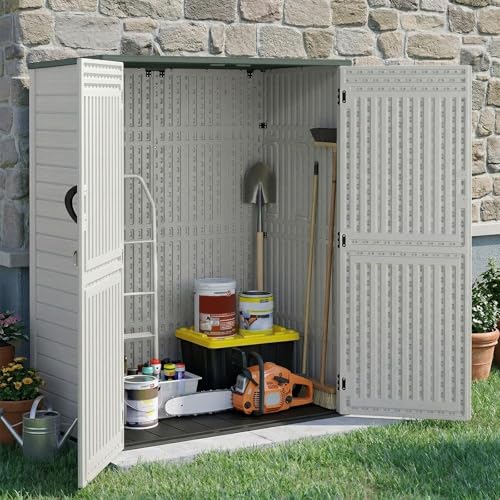 Image of EHHLY Vertical Resin Storage Shed, 60 Cuft Garden Tool Sheds & Outdoor Storage, Plastic Outdoor Storage Cabinet Waterproof, 4.5 x 2.3 ft Backyard Outside Lawn Mower Storage Shed, Light Grey