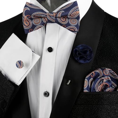 Image of Alizeal Mens 4pcs Vintage Paisley Bow Tie Set | Pre-tied Pocket Square Cufflinks Boutonniere for Wedding Everyday Use