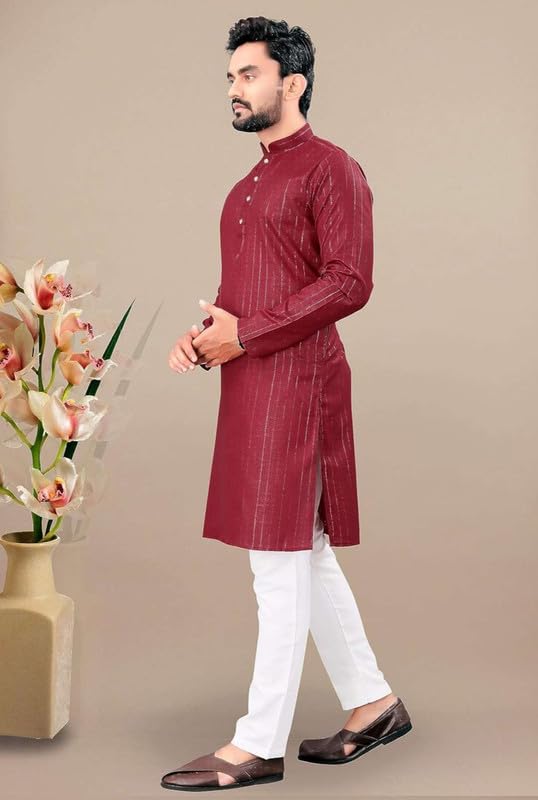 Image of FASHION GALLERY Men's Solid Pattern Polycotton Kurta with Long Sleeve Round Neck Knee Length and Pull On Closure Type|Men Kurta Pajama Set