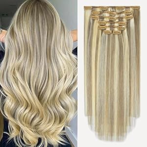 Aison Clip in Hair Extensions 100% Remy Human Hair Mixed Bleach Blonde 75G/7Pcs Soft Silky Straight 16clips for Women(20 Inch #18P613)