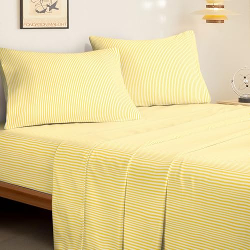 Image of Wake In Cloud - Striped Bed Sheets, 4-Piece Sheet Set, Ticking Vertical Pin Stripe Modern Farmhouse Pattern Printed Bedding, Deep Pocket, Yellow, Full Size