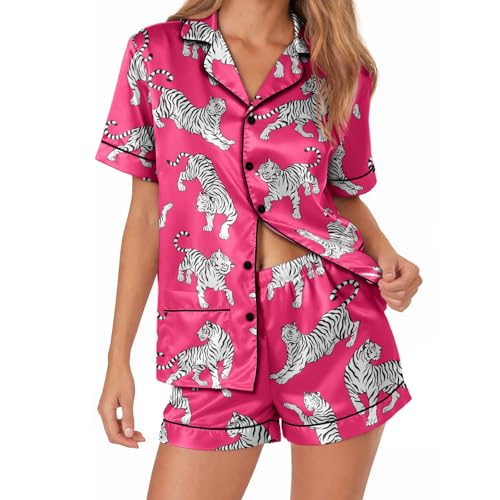 Image of Women 2PCs Satin Pajama Set Short Sleeve Silk Feel Gift Sleepwear | Soft stretch satin; relaxed comfort fit sizes S-3XL for sleep & lounge; short sleeve top, elastic waist shorts; easy care