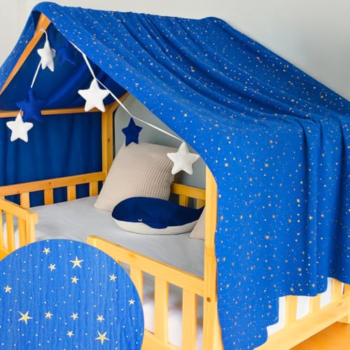 YellowNest Toile de Lit Cabane - Ciel de Lit Cabane 70x140 ou 80x160 cm - 100% Mousseline de Coton - sans Guirlande (Bleu Marine, 130 x 320 cm)