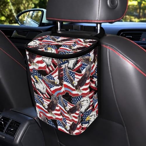 Image of Talayituse American Flag Eagle Print Car Trash Can with Lid, 4th of July Leak Proof Auto Trash Bag Hanging Vehicle Garbage Can Multipurpose Storage Container for Back Seat Road Trip