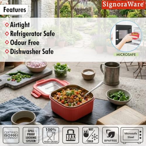 Image of Signoraware Lock N Store Microsafe Steel Square Container+ Lid(300ml, Red)