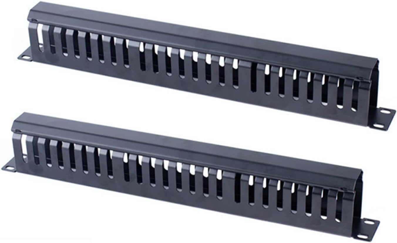 1U 19-inch Rack-Mounted Metal Horizontal Cable Manager with 48 Slots, Comes with a Cover and mounting Screws, Black, Made of Cold-Rolled Steel Material (1U 2PACK 48slots)
