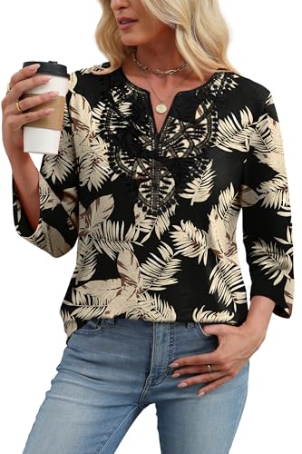 Image of WIHOLL 3 /4 Length Sleeve Womens Tops Boho V Neck Lace Shirt Trendy Blouses Dressy Casual Vacation Clothes S-3XL