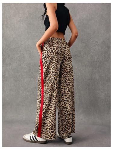 MakeMeChic Women's Women's Leopard Pants Side Stripe Cheetah Print Sweatpants Y2K Elastic Waist Straight Leg Pants3