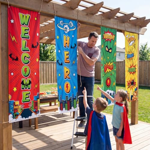 Image of Panelee 4 Pcs Hero Theme Party Banners Hero Party Decorations City Comic Skyline Porch Sign Hanging Door Banner for Cityscape Birthday Backdrop Supplies