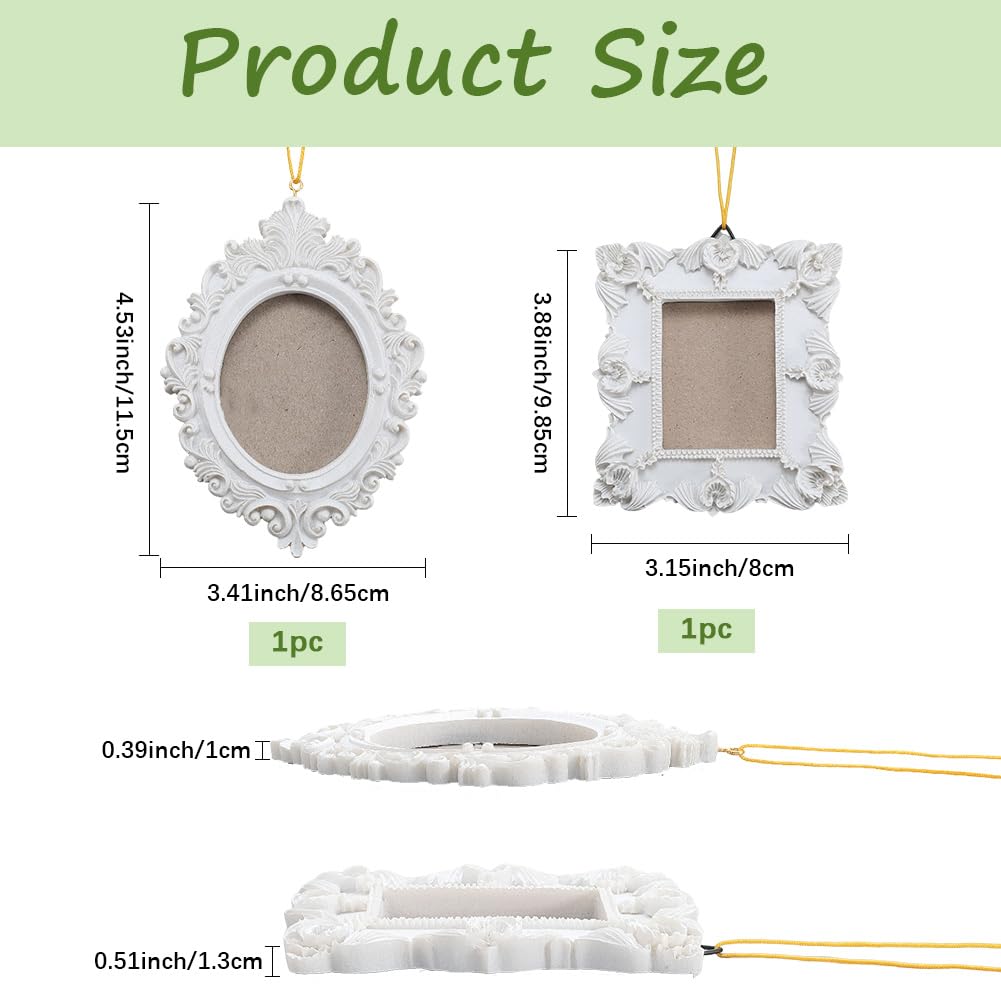 SOFPLATE 2Pcs 2 Styles Resin Vintage Picture Frames Mini Photo Frames Wall White Tiny Small Table Top Jewellery Display Oval Rectangle Wall Hanging for Photography Party Hotel Home Holiday Decoration - Image 2