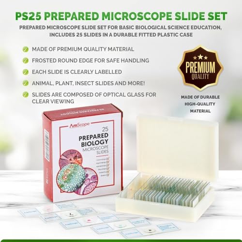 image for AmScope 25pc Prepared Glass Microscope Slides in Plastic Case with Pla