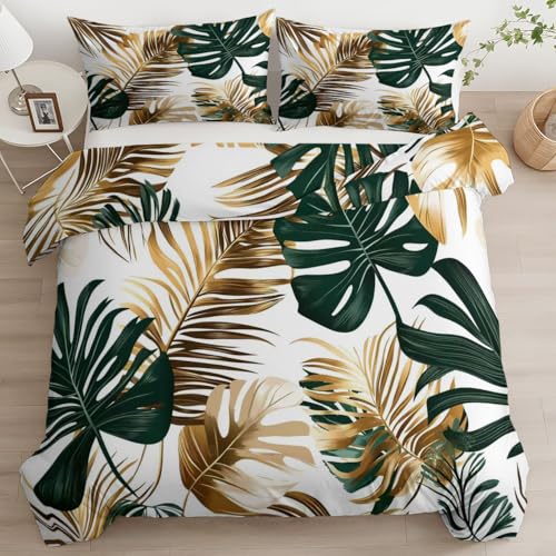Or Parure de Lit 140 x 200 Feuilles Tropicales Feuilles de Palmier Housse de Couette Imprimé Microfibre Confortable Ensemble de Literie avec Fermeture Éclair...