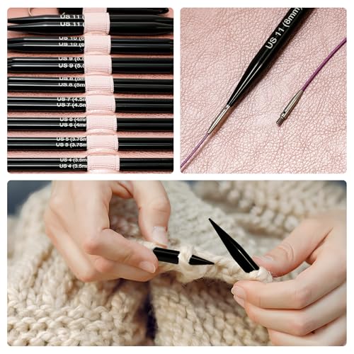 Image of Froggod 4.53 inch (11.5cm) Interchangeable Circular Knitting Needles Set | US 2.5-11 (3.0-8.0mm) | 9-Pair Black Needles | 4 Cables(16 inch, 24 inch, 32 inch, 40 inch), Accessories & Case for Hats, Sweaters & Shawls