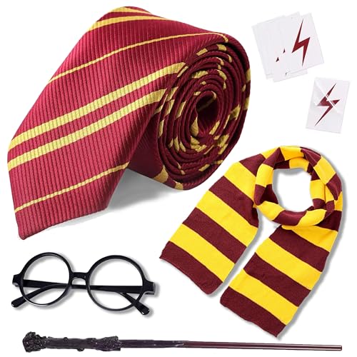 Halloween Wizard Costume Accessories Set - Glasses Tie Wand and Scarf & 6pcsTattoos for Adults Halloween Cosplay Dress-up Party