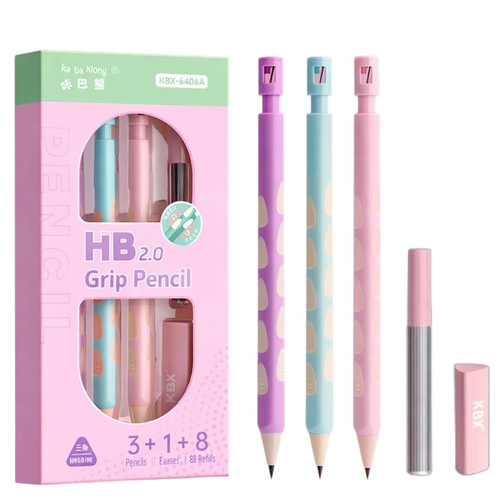 SAMVARDHAN 2mm HB Grip Mechanical Pencil with Sharpener – Extra-Thick Lead Holder with Triangular Non-Slip Grip, Includes 3 Pencils, 1 Eraser & 8 Refills for Writing, Sketching & Drafting (Pink)-image-24