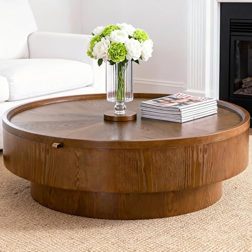 Wxnnx Walnut Modern Round Coffee Table with Concealed Storage Lift-Top Solid Wood Accent Table with Shelf for Living Room Espresso Brown Centre Table for Small Apartment