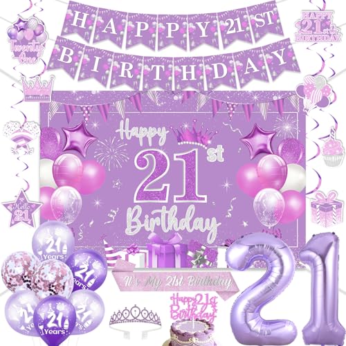 Decoración de feliz cumpleaños 21 para fiesta temática morada de mujer