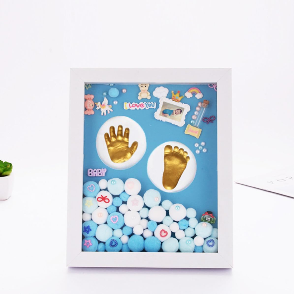 HOMSFOU 1set Cornice Impronta Neonata Kit Mani Piedi Blu Medio con Porta Foto Ricordo Nascita e Corredo Regalo Shower
