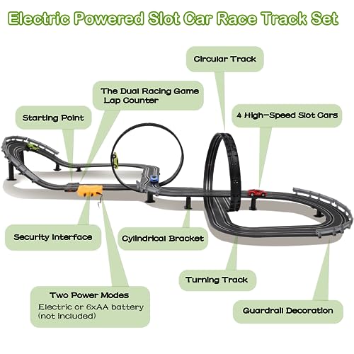 Image of Slot Car Race Track Sets, 23ft Battery Powered or Electric Track with 4 Slot Cars, Dual Racing Game Lap Counters, Race Track Set Features a Loop, Turns, Straightaways and a Crossover for Boys Age 6-12