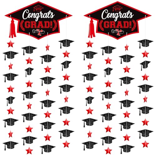 Image of Graduation Decorations 2026, Black and Red Cap Garland - Pack of 2, No DIY | Congrats Grad Garlands for Wall Decor | Cap Garland for Graduation Party Decorations, 2026 Graduation Decoration, KatchOn