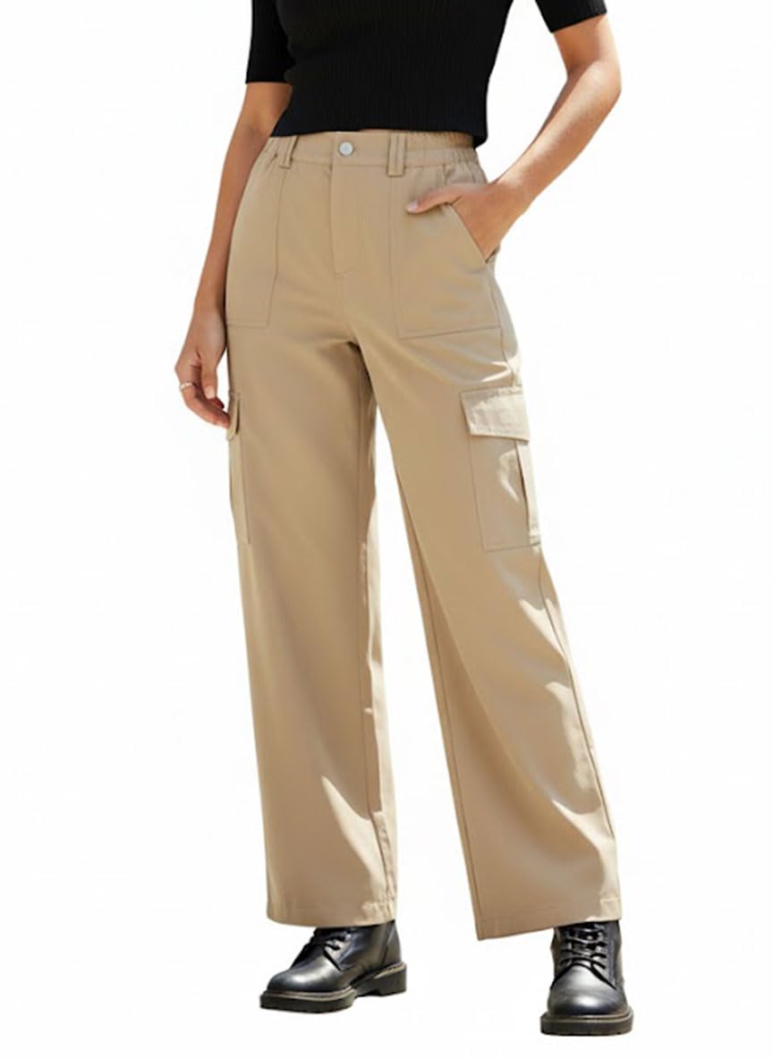 Womens High Waisted Cargo Pants Wide Leg Chino Trousers with 6 Pockets Elastic Waist for Work Casual