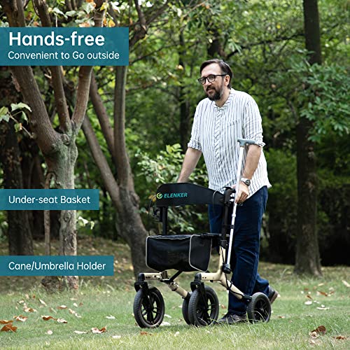 Image of ELENKER All-Terrain Rollator Walker with Non-Pneumatic Tire 12 inch Front Wheels, Compact Folding Design for Seniors (Champagne)