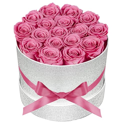 17 Pink Flowers in Glitter Box, Birthday Gifts for Women, Preserved Flowers, Mothers Day Roses Gift for Mom