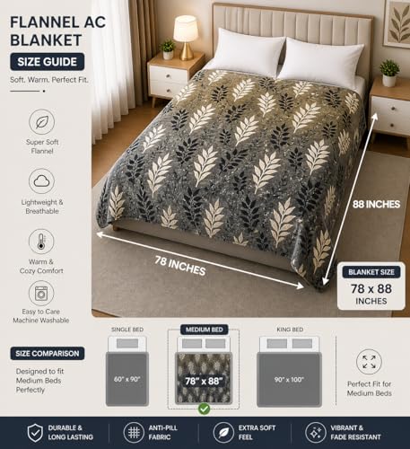 Image of Flannel AC Blanket (78x88 Inches) - 155 GSM Lightweight Ultra Soft Cooling Blanket, Multipurpose AC Blanket & Warm Top Sheet for Medium Beds, Breathable & Cozy, Grey & Gold