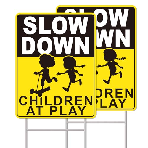 GXGGUS Slow Down Signs, Slow Down Children at Play Safety Signs for Street, 2-Pack 17'x13' Double-Sided, H-Metal Stakes, Corrugated Plastic - Caution Kids Playing Traffic Crossing Sign