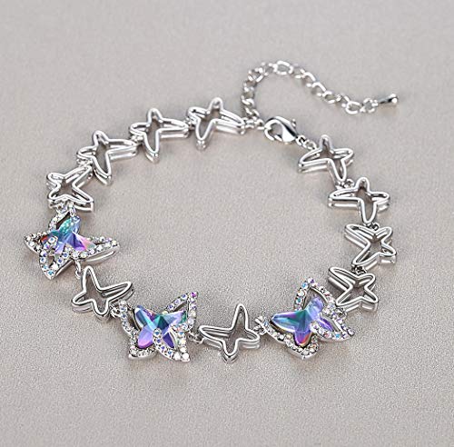 Butterfly Link Charm Bracelet with Premium Birthstone Crystal, Silver-Tone, 7”+2” Chain2