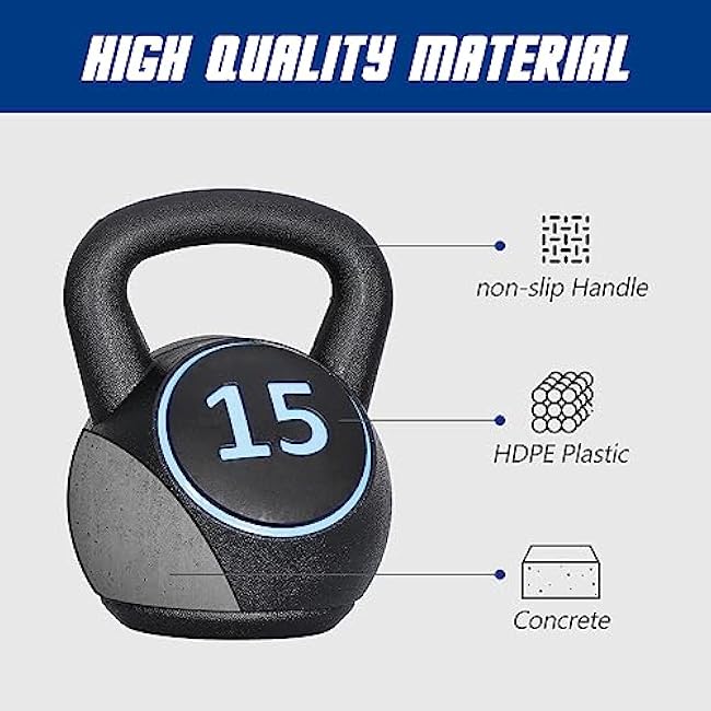 F2C 3-Piece Kettlebell Set with Storage Rack 5lb, 10lb, 15lb Weights HDPE Coated Concrete Kettlebells Core Training for Home Gym Exercise Fitness