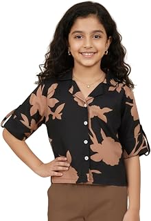 Aarya DESIGNER Girl's Crepe Shirt Korean Casual Short Sleeve Loose Fit Top Black Price In India