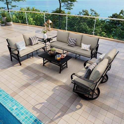 Image of 6 Pieces Patio Conversation Sets, All-Weather Metal Swivel Rocking Chairs with Rope Furniture Set, Outdoor Sofa Couch for Deck, Porch, Garden, Backyard, Poolside (Beige Cushions)